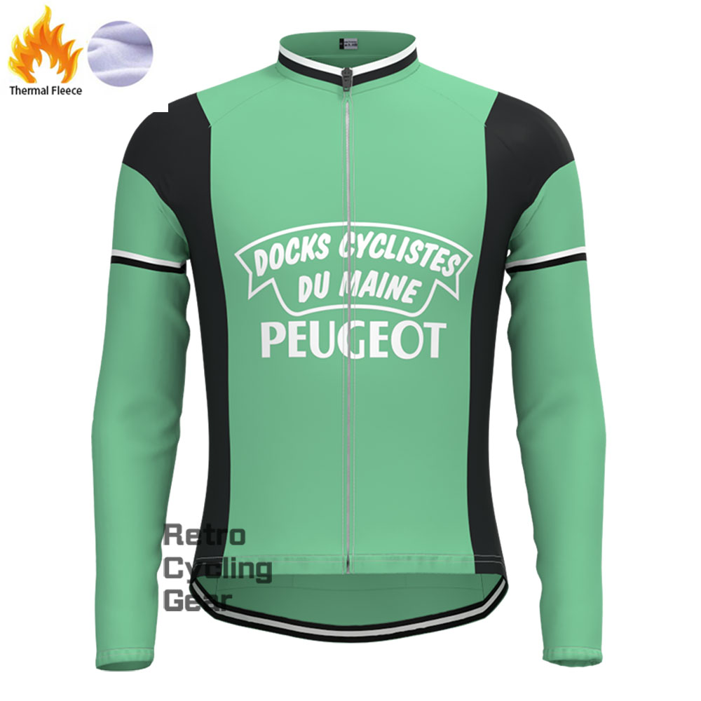 Green PEUGEOT Fleece Retro Long Cycling Kits