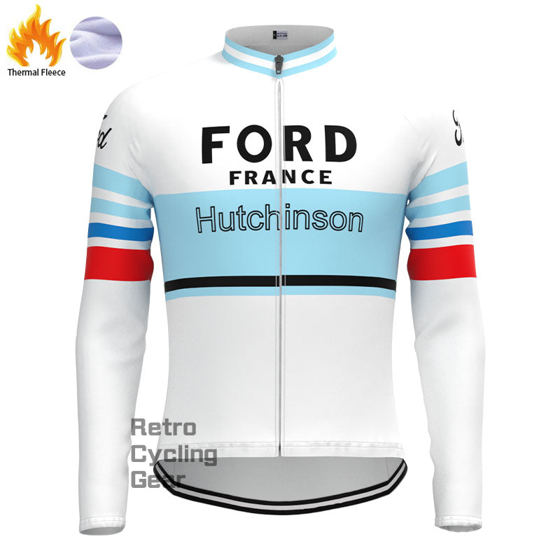 FORD White Blue Fleece Retro Long Sleeves Jerseys