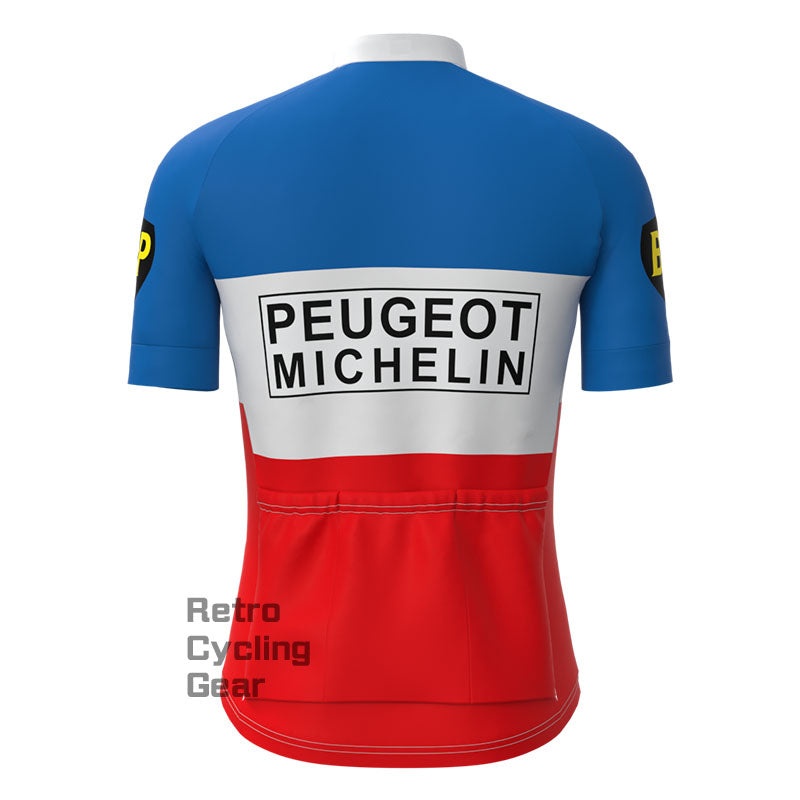 Peugeot Blau-Rotes Retro-Kurzarm-Fahrradset