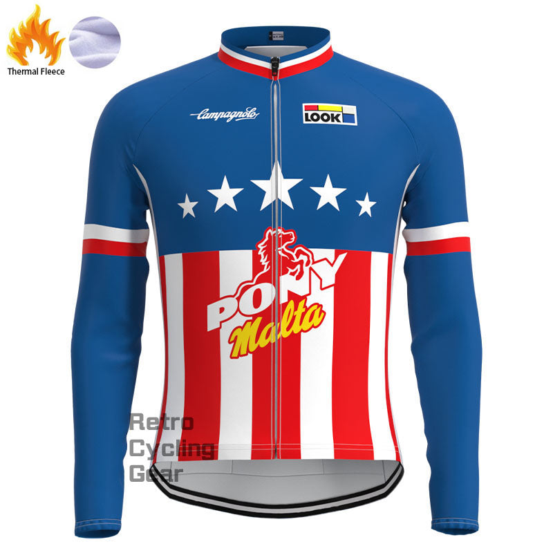 Pony Blue Fleece Retro Long Sleeves Jerseys