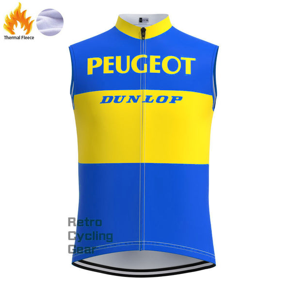 Blau-gelbe Fleece-Retro-Radsportweste von Peugeot