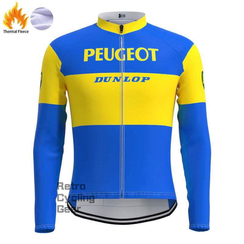 Blau-gelbe Peugeot-Fleece-Retro-Langarmtrikots