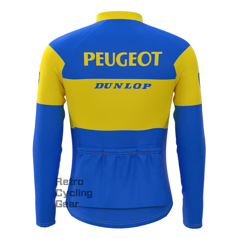 Blau-gelbe Peugeot-Fleece-Retro-Langarmtrikots