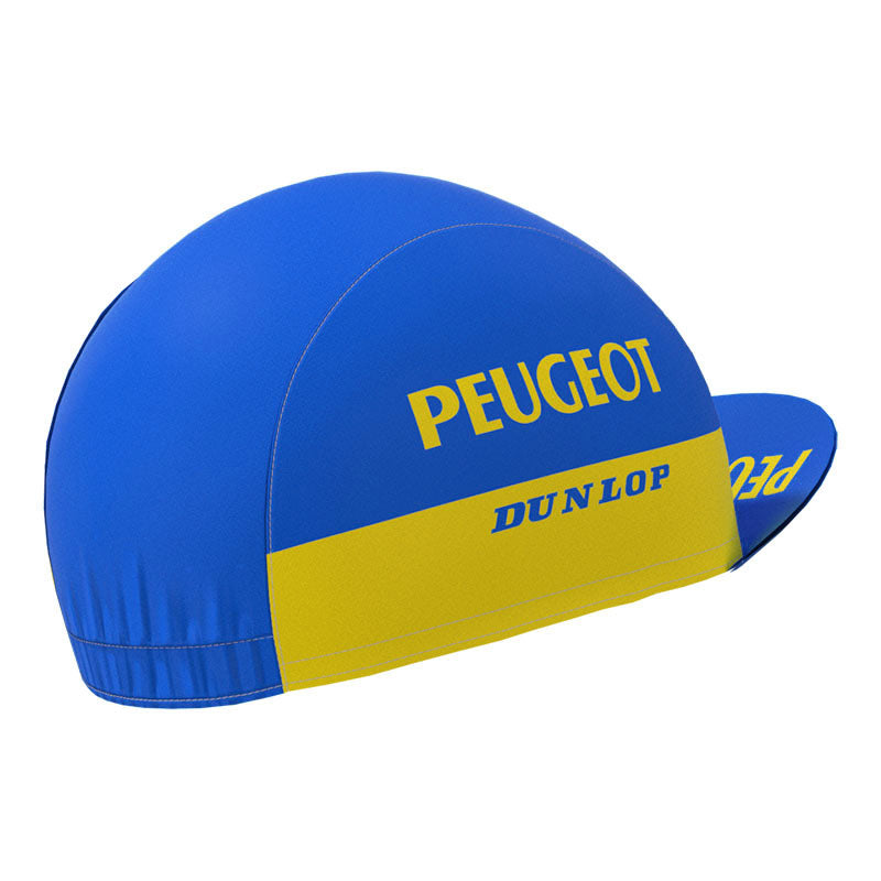 Blau-gelbe Retro-Fahrradkappe von Peugeot