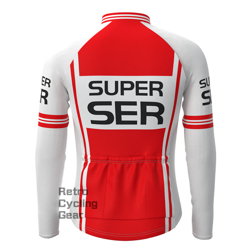 SER Weiß-Rotes Fleece-Retro-Langarmtrikot